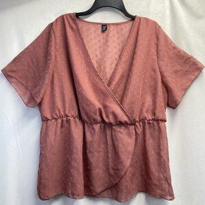 SHEIN Curve Sheer Swiss Dot Faux Wrap V-Neck Peplum Blouse Top Women 3XL Mauve
